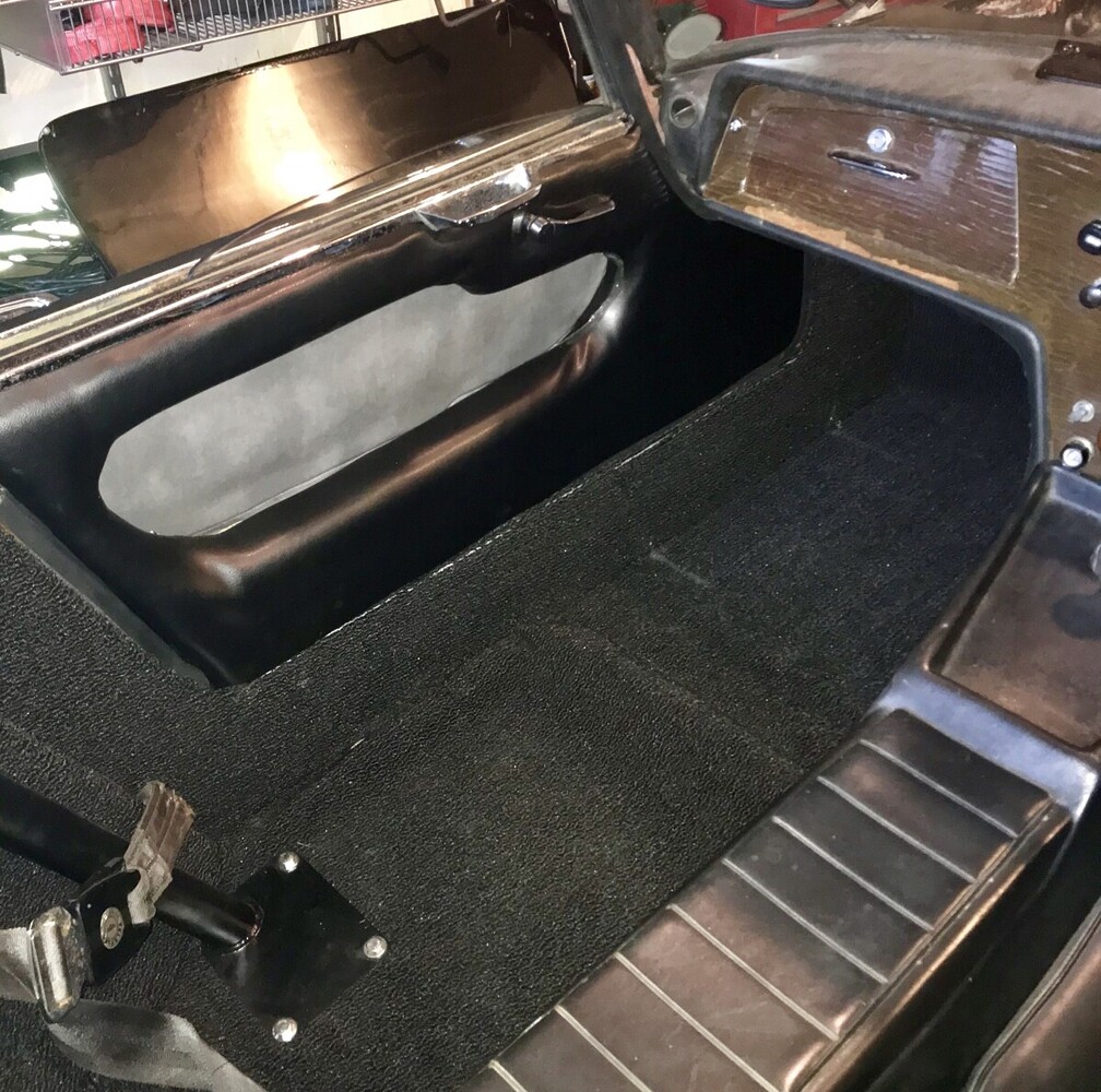 Car trunk interior with black carpet and storage