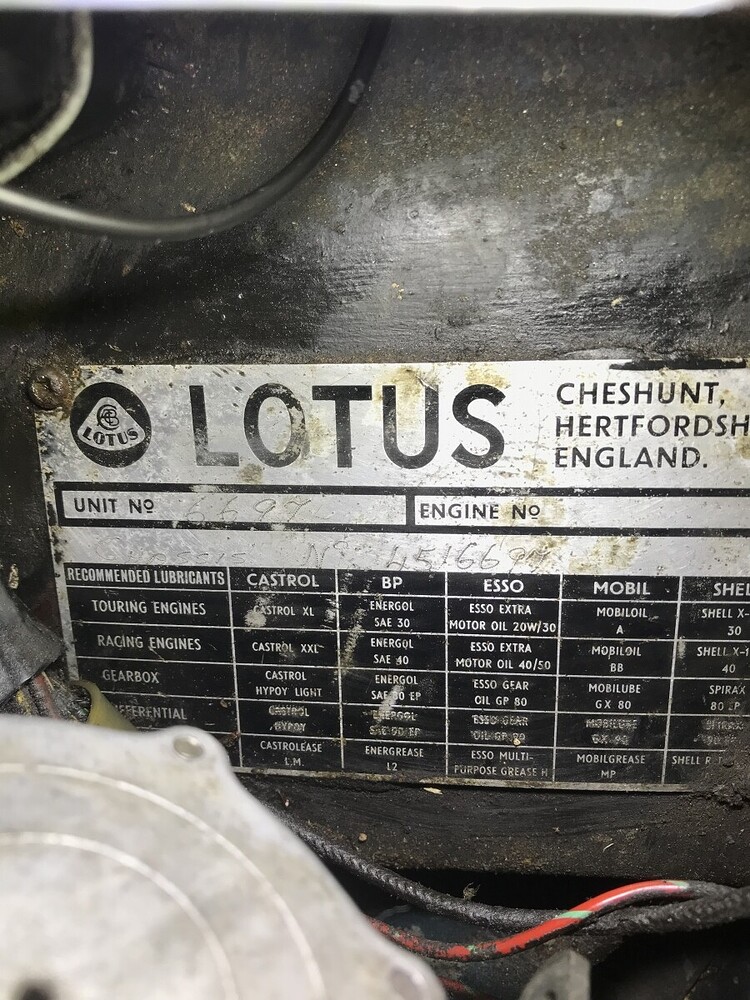 Lotus manufacturer plate and lubrication chart detail